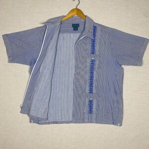 Guayabera Shirt Mens 2XL Full Front Zip Pinstripe Retro Resort Cabana Camp